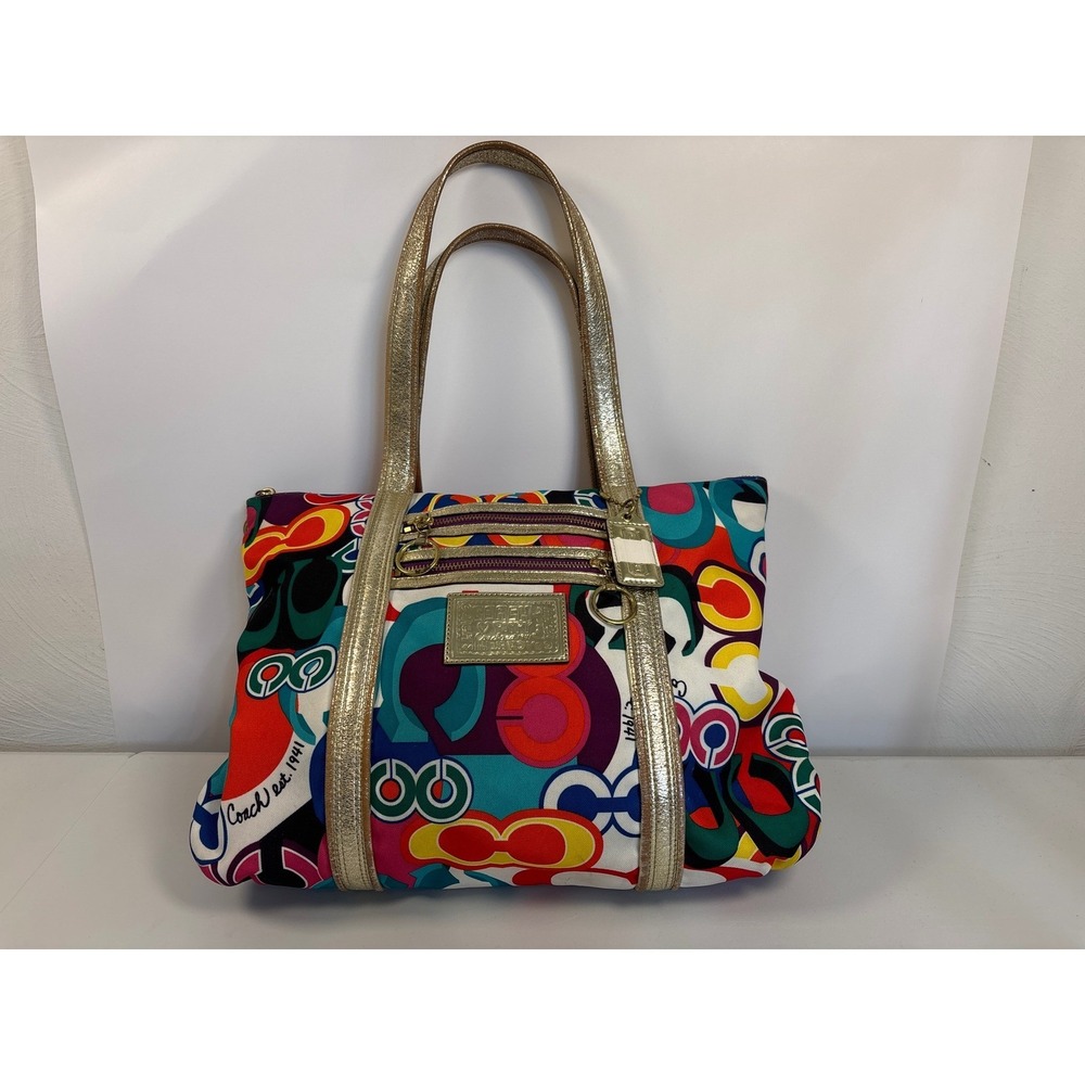 Coach Poppy Glam Tote 13839 Multicolor Graffiti Canvas Metallic Gold Y2K Bag